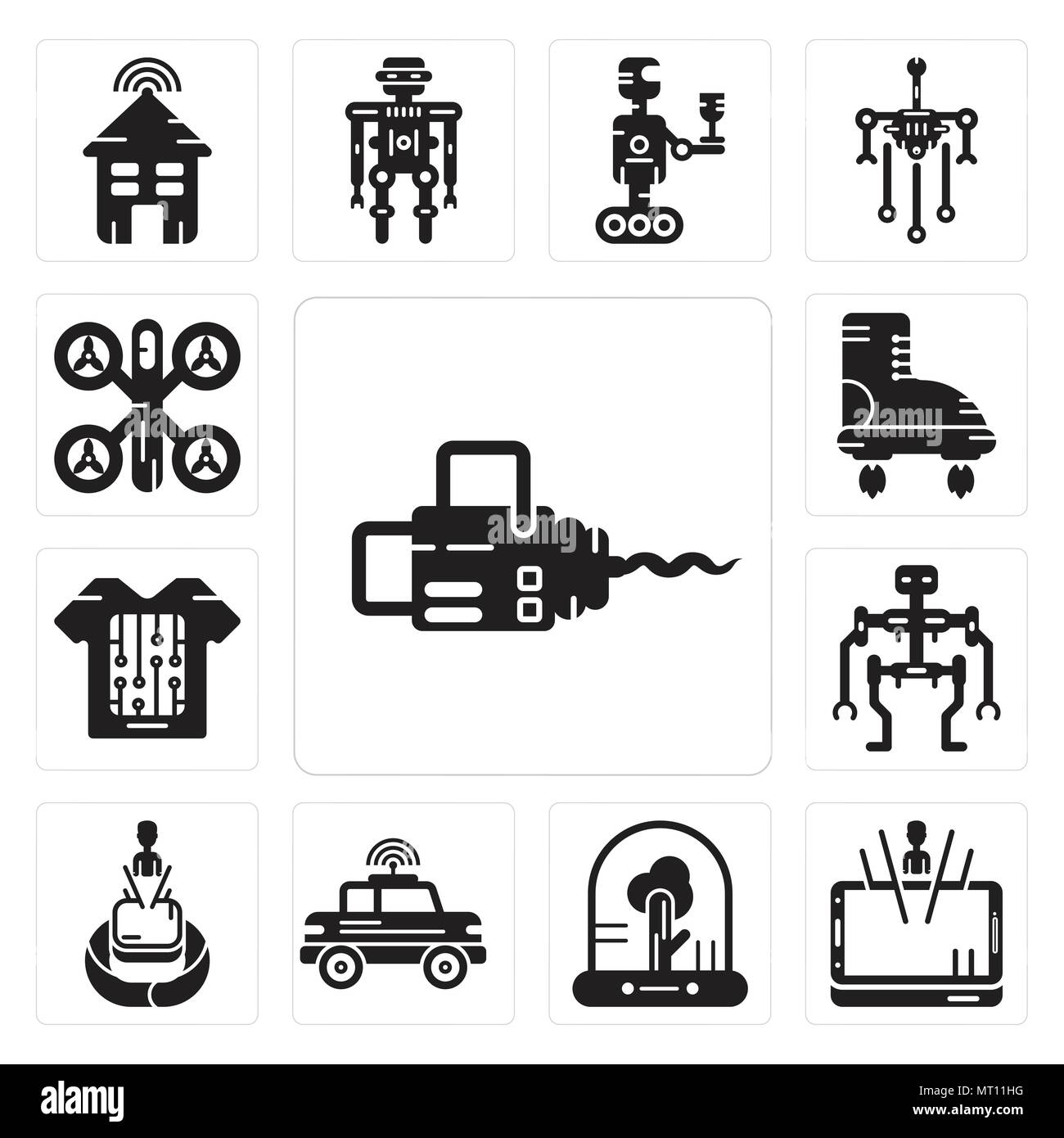 Ensemble de 13 icônes modifiable simple comme la tronçonneuse, Hologramme, arbre, voiture, robot, Smart Vêtements, bottes, Drone peut être utilisé pour le mobile, l'interface utilisateur web Illustration de Vecteur