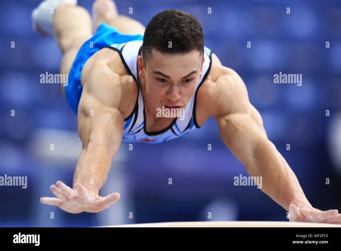 Osijek, Croatie. 27 mai, 2018. Ahmed Onder de Turquie est en concurrence au cours de la banque d'hommes à la finale de la Coupe du Monde de Gymnastique à Osijek, Croatie, le 27 mai 2018. Credit : Davor Javorovic/Xinhua/Alamy Live News Banque D'Images