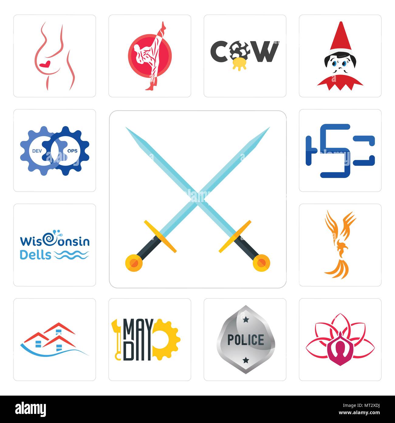 Ensemble de 13 icônes modifiable simple comme Excalibur, lotus, police générique, mayday, emlak, Anka, Wisconsin dells, devops, css peut être utilisé pour mobile, nous Illustration de Vecteur