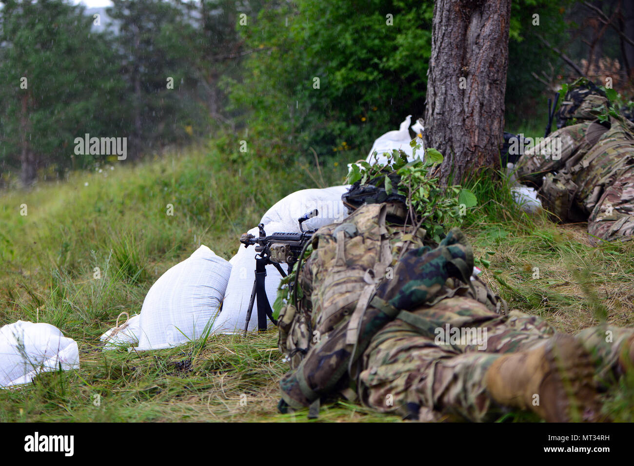 Les parachutistes de l'Armée américaine affecté au 2e Bataillon, 503e Régiment d'infanterie, 173e Brigade aéroportée, engager la cible lors d'un exercice de tir à blanc dans le cadre de l'exercice Rock Knight à Postonja Pocek en gamme, la Slovénie, le 24 juillet 2017. L'exercice Rock Knight est un exercice d'entraînement bilatéral entre l'armée américaine 173e Brigade aéroportée et les forces armées slovènes, portait sur des petites unités tactiques et faire fond sur les enseignements tirés, en forgeant des liens et améliorer la réceptivité entre les forces alliées. La 173e Brigade aéroportée de l'armée américaine est la force de réaction d'urgence en Europe, fournissant rapidement-dep Banque D'Images