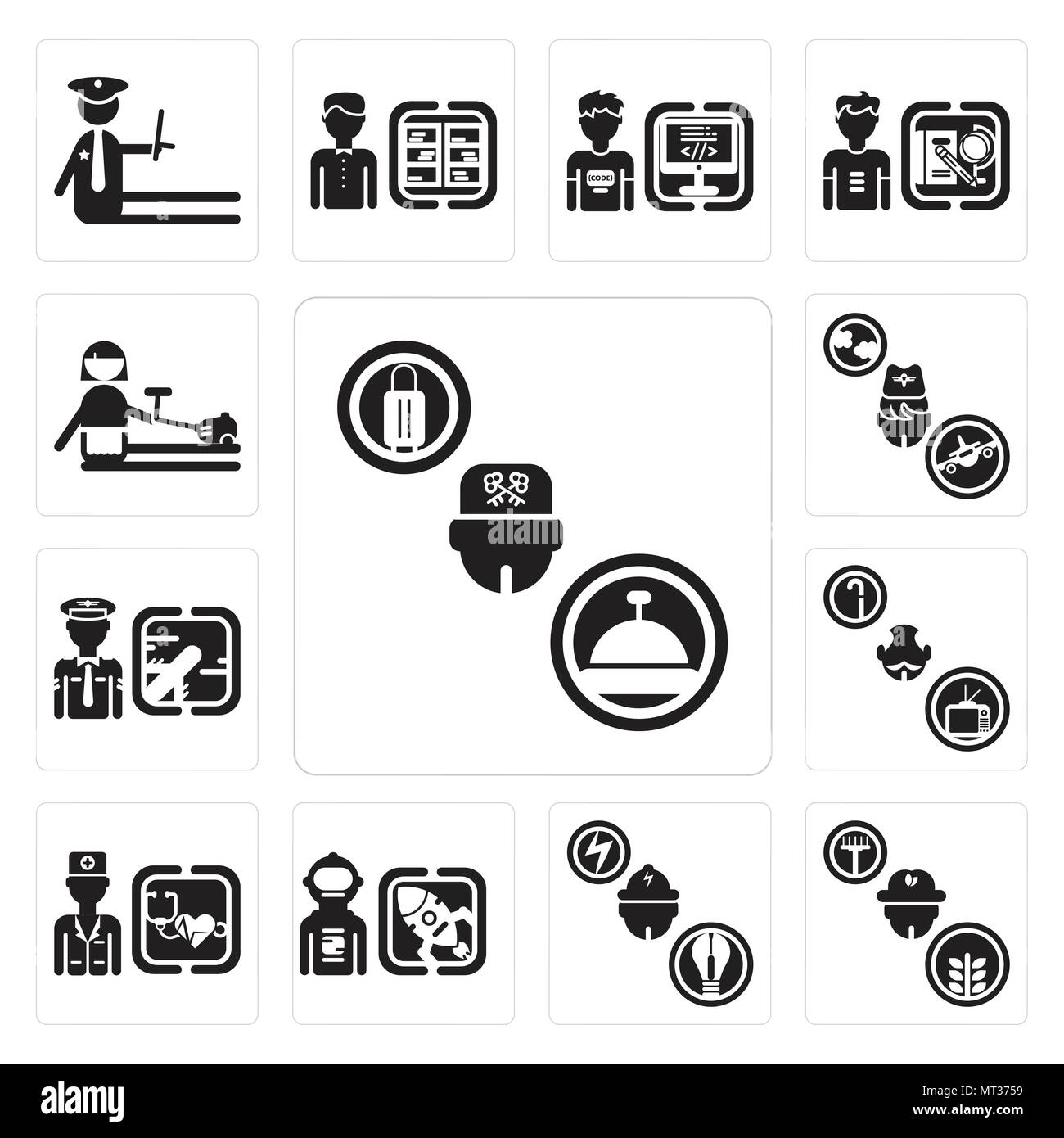Ensemble de 13 icônes modifiable simple comme Concierge, agriculteur, électricien, Spaceman, médecin, Retraité, pilote, hôtesse de l'air, peut être utilisé pour mobile Illustration de Vecteur