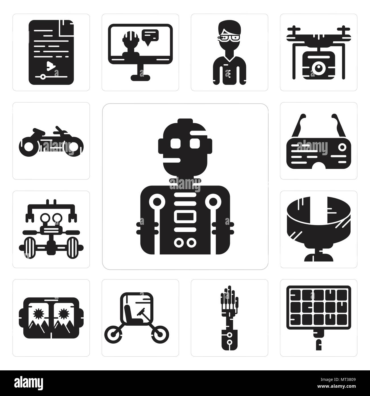 Ensemble de 13 icônes modifiable simple comme Robot, panneau solaire, bras mécanique, Véhicule, lunettes Vr, Vue Panoramique, Ar moto peut être utilisé pour le mobile, Illustration de Vecteur