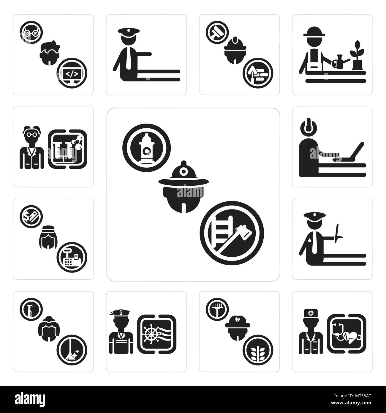 Ensemble de 13 icônes modifiable simple comme pompier, médecin, agriculteur, Marin, femme de chambre, Police, caissier, programmeur, scientifique peut être utilisé pour le mobile, web Illustration de Vecteur