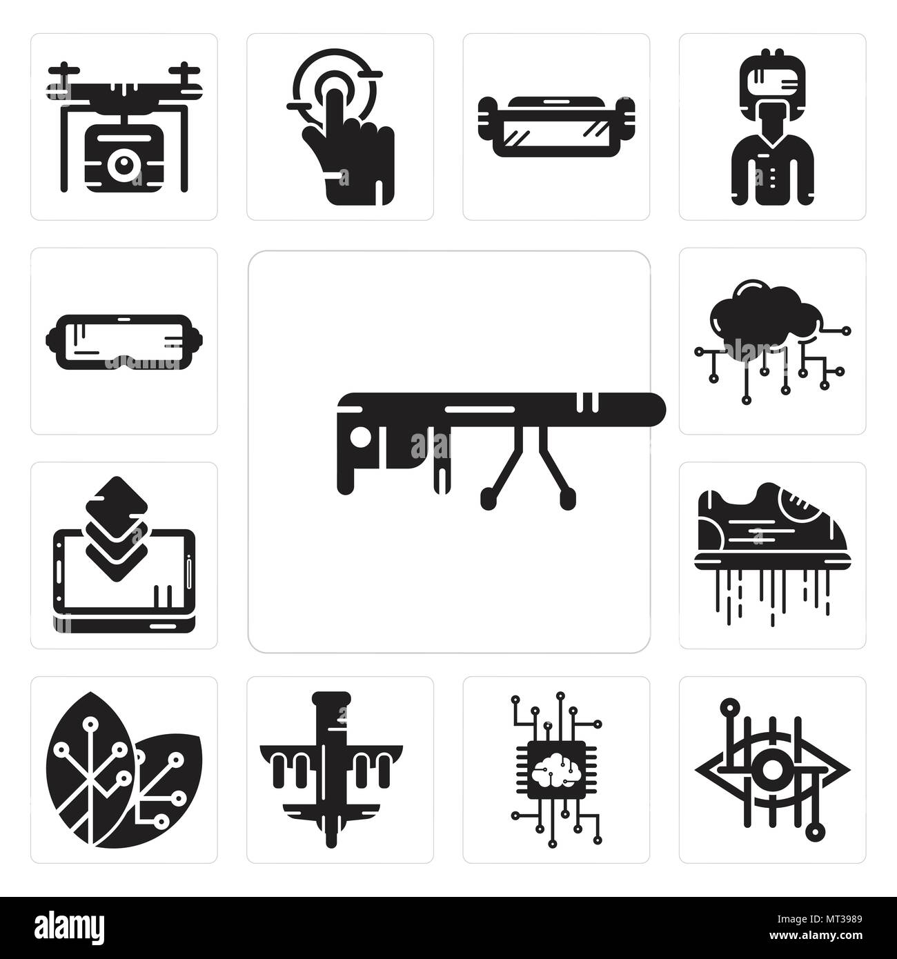 Ensemble de 13 icônes modifiable simple comme Google lunettes, lentilles bioniques, intelligence artificielle, drone, énergie renouvelable, battant les chaussures, Smartphon Illustration de Vecteur
