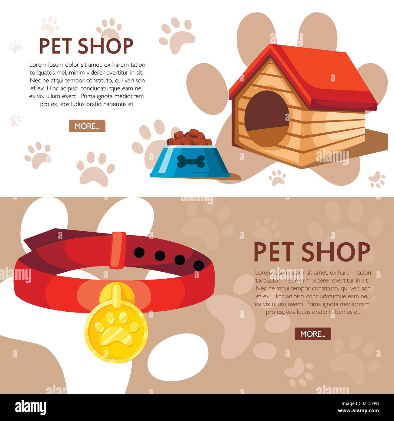 Pet Shop concept. Doghouse, bol et col. Vector illustration à fond avec des empreintes d'animaux. Place pour votre texte. Page de site web et mobile ap Illustration de Vecteur