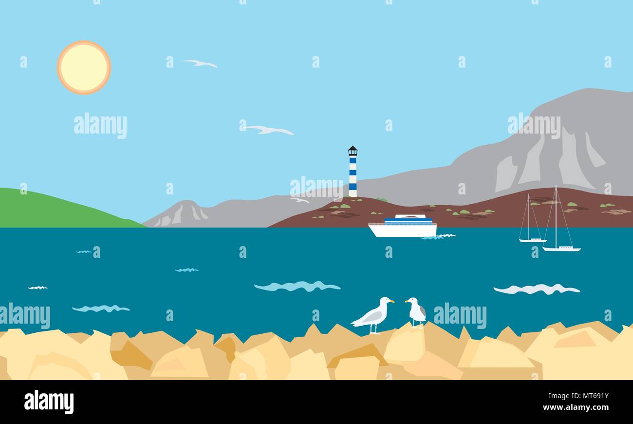 Sea bay avec phare, bateau et yachts et seagull on rock, sous un ciel bleu d'été avec shining sun - vector Illustration de Vecteur