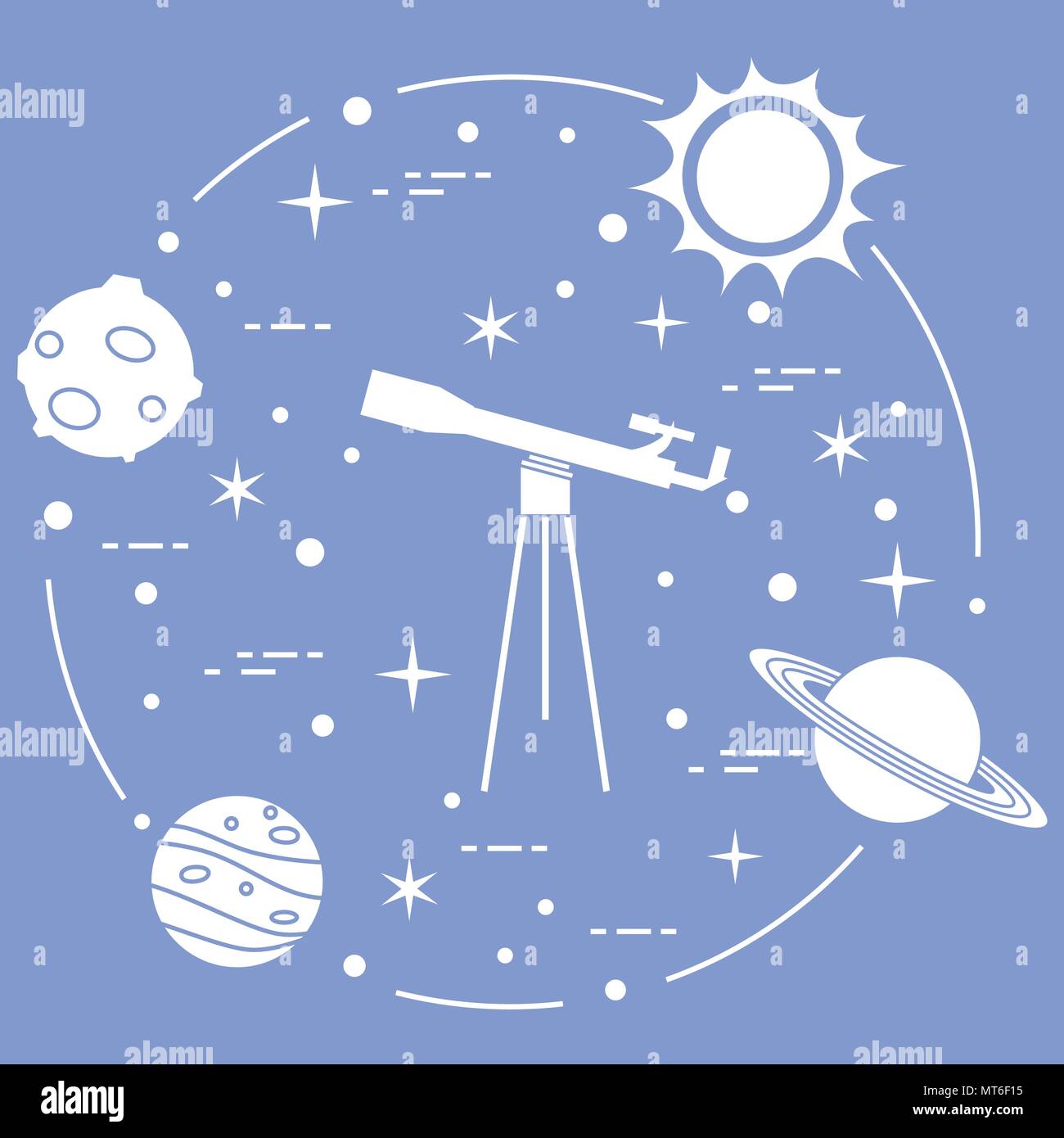 Science : télescope, soleil, lune, planètes, étoiles. L'exploration de l'espace. L'astronomie. Illustration de Vecteur