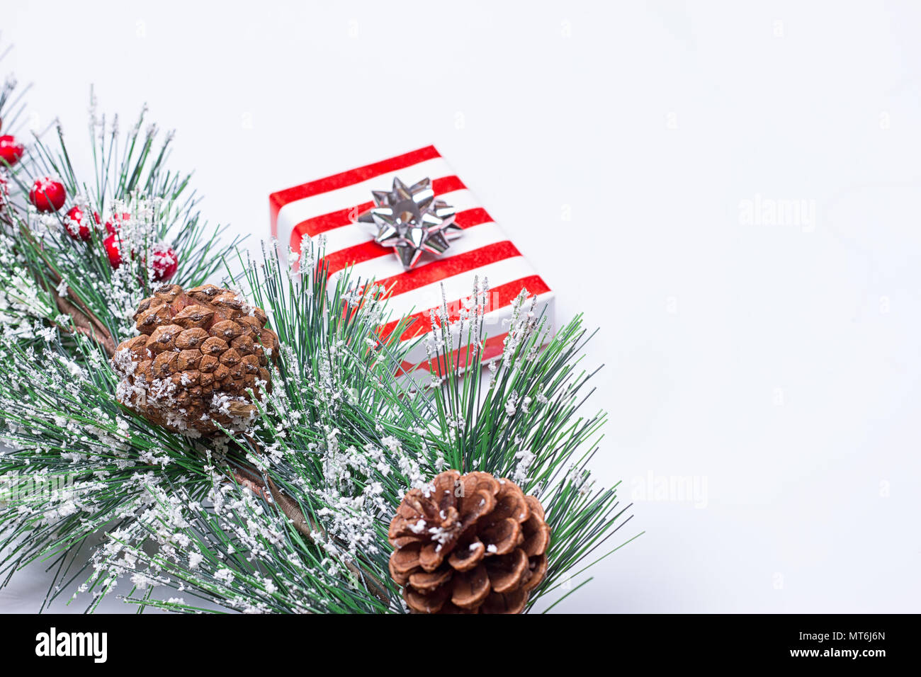 Cônes de pin et de cadeaux sur le fond blanc Banque D'Images