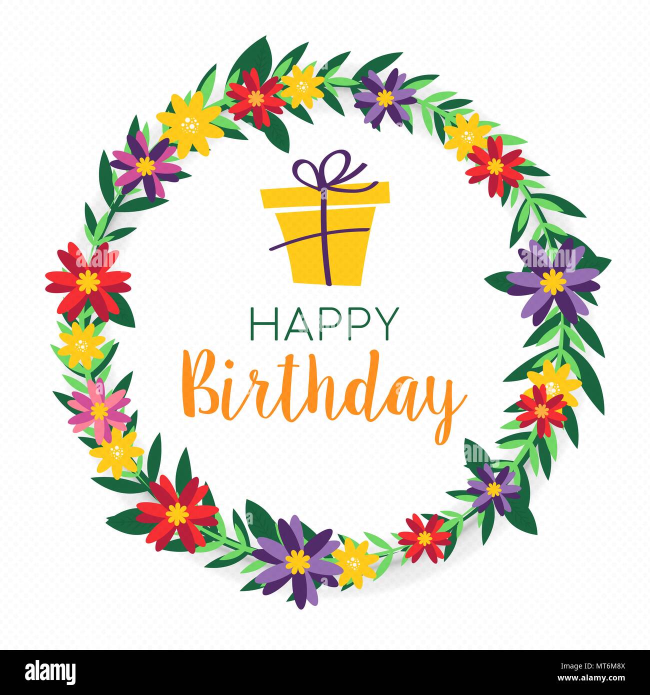 Joyeux anniversaire avec un printemps coloré flower wreath boîte cadeau et l'arrière-plan. Idéal pour les fêtes d'invitation ou carte de vœux. Vecteur EPS10. Illustration de Vecteur