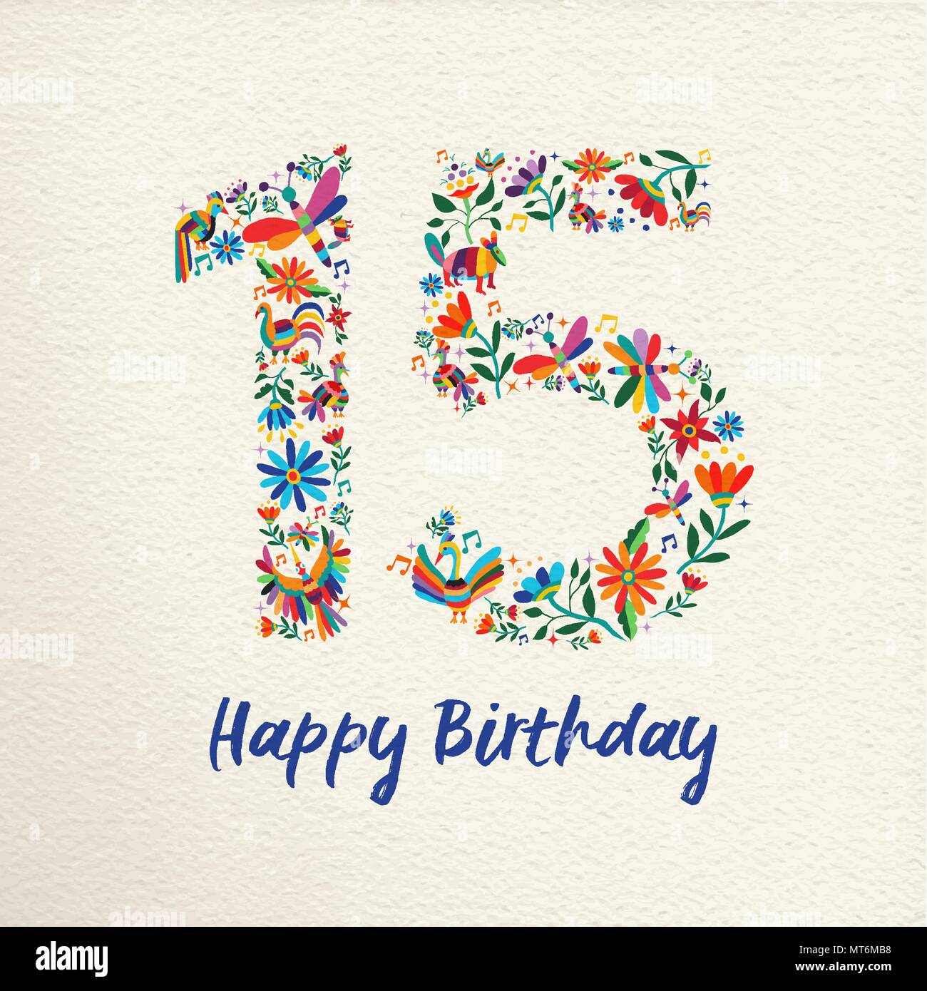 Joyeux anniversaire 15 ans avec quinze design nombre faite de printemps coloré fleurs et animaux sur papier texture background. Idéal pour une invitation à une fête Illustration de Vecteur