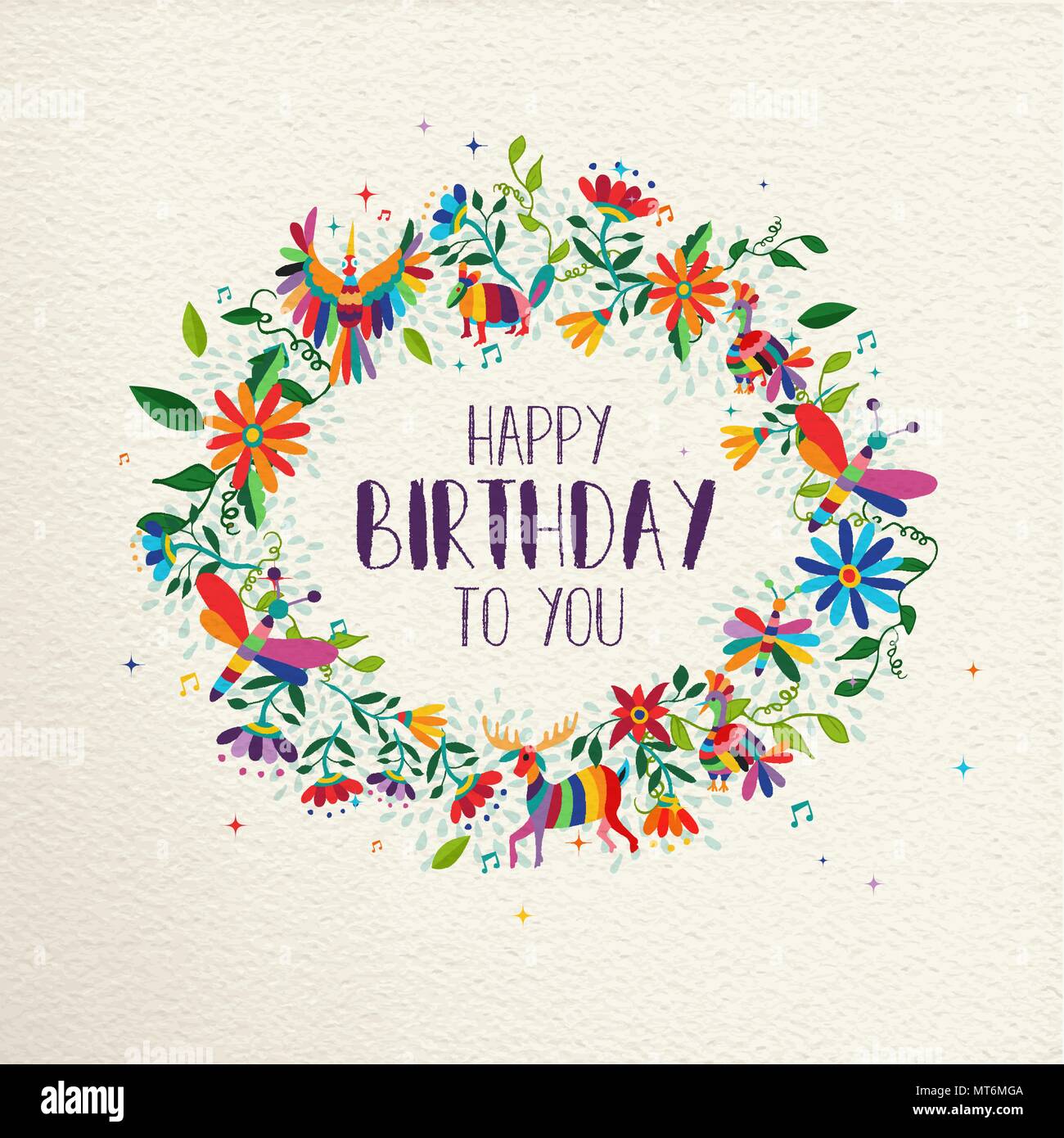 Joyeux Anniversaire Avec Un Printemps Colore Fleurs Et Animaux Sur Papier Texture Background Ideal Pour Les Fetes D Invitation Ou Carte De Vœux Vecteur Eps10 Image Vectorielle Stock Alamy