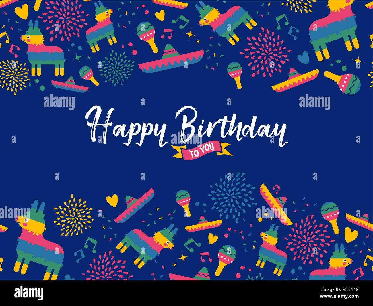 Joyeux anniversaire carte de souhaits illustration avec partie de la décoration de la culture mexicaine. Âne comprend pinata, mariachi hat et maracas. Vecteur EPS10. Illustration de Vecteur