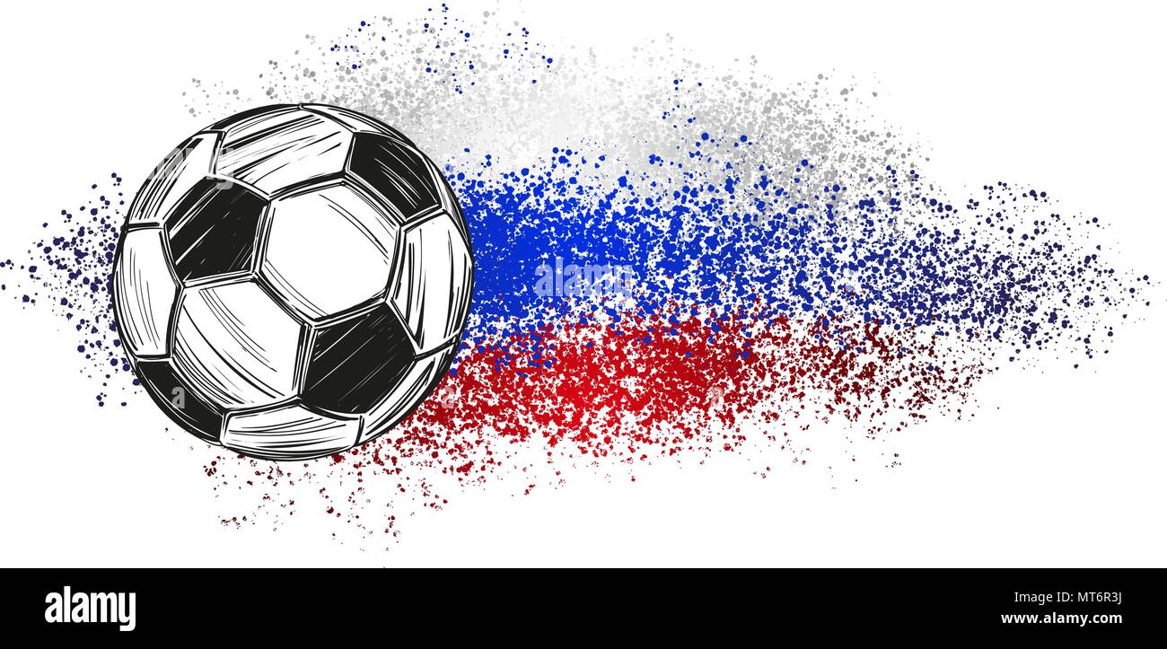 Football, ballon de football, jeu de sport, drapeau russe signe emblème dessiné à la main, croquis d'illustration vectorielle Illustration de Vecteur