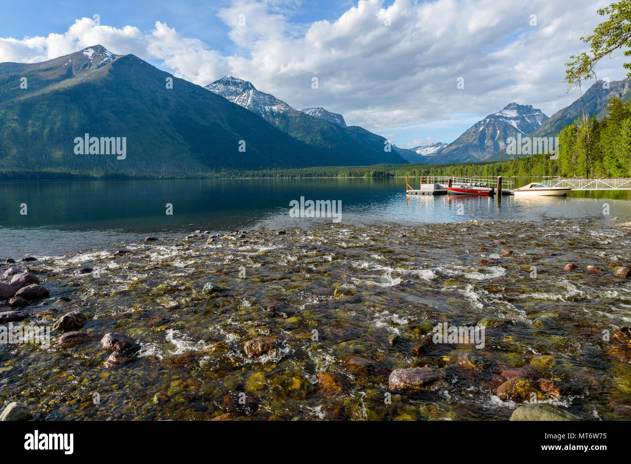 Lake McDonald - un soir de printemps sur le lac McDonald à la sortie de Snyder Creek. Le Glacier National Park, Montana, USA. Banque D'Images