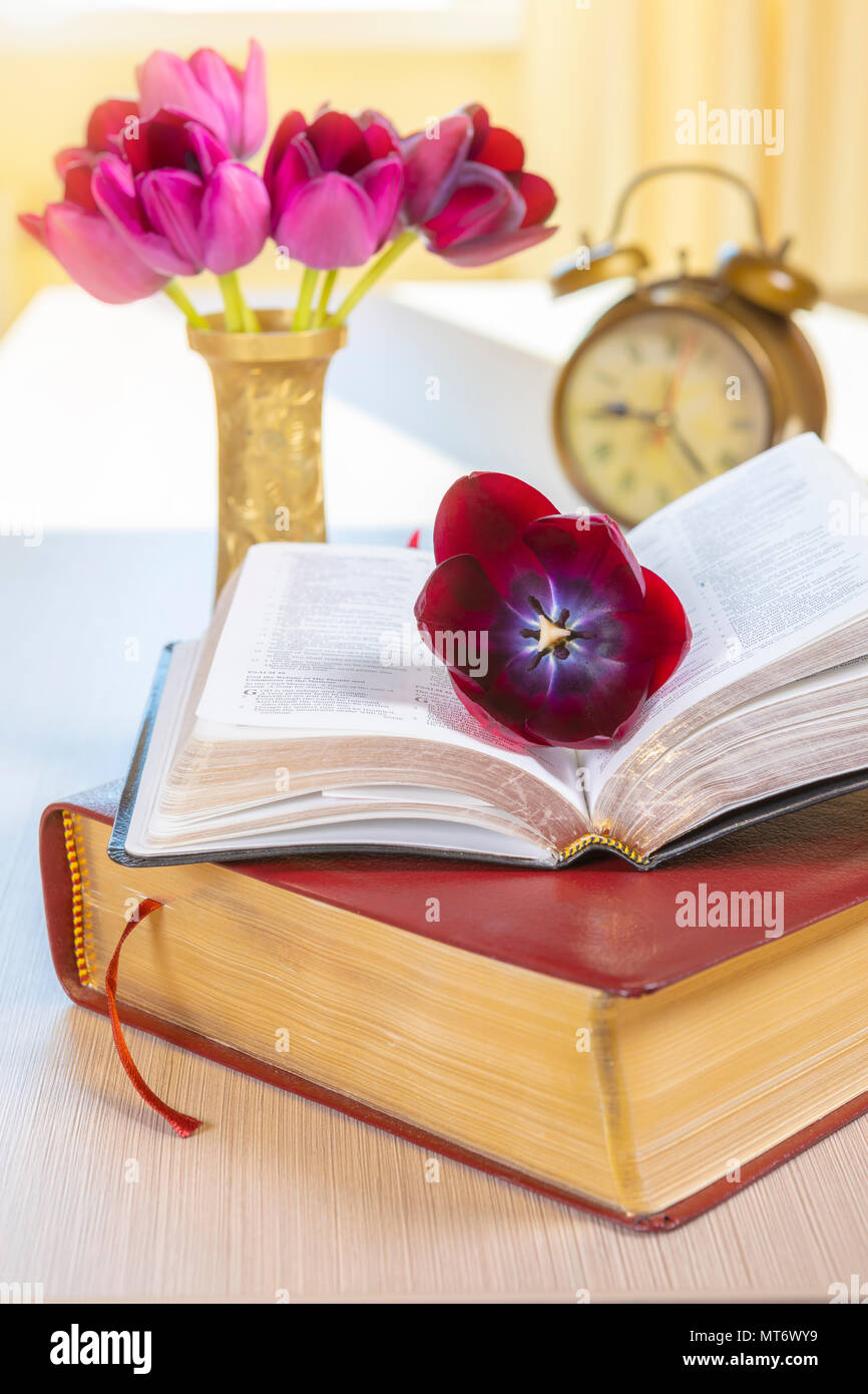 Sainte Bible et vieil or réveil avec fleurs sur fond de table en bois. Banque D'Images