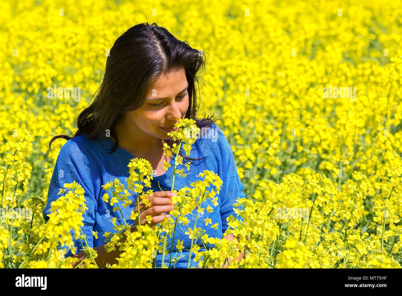 Jeune femme colombienne fleurs odorantes en champ de colza jaune florissant Banque D'Images