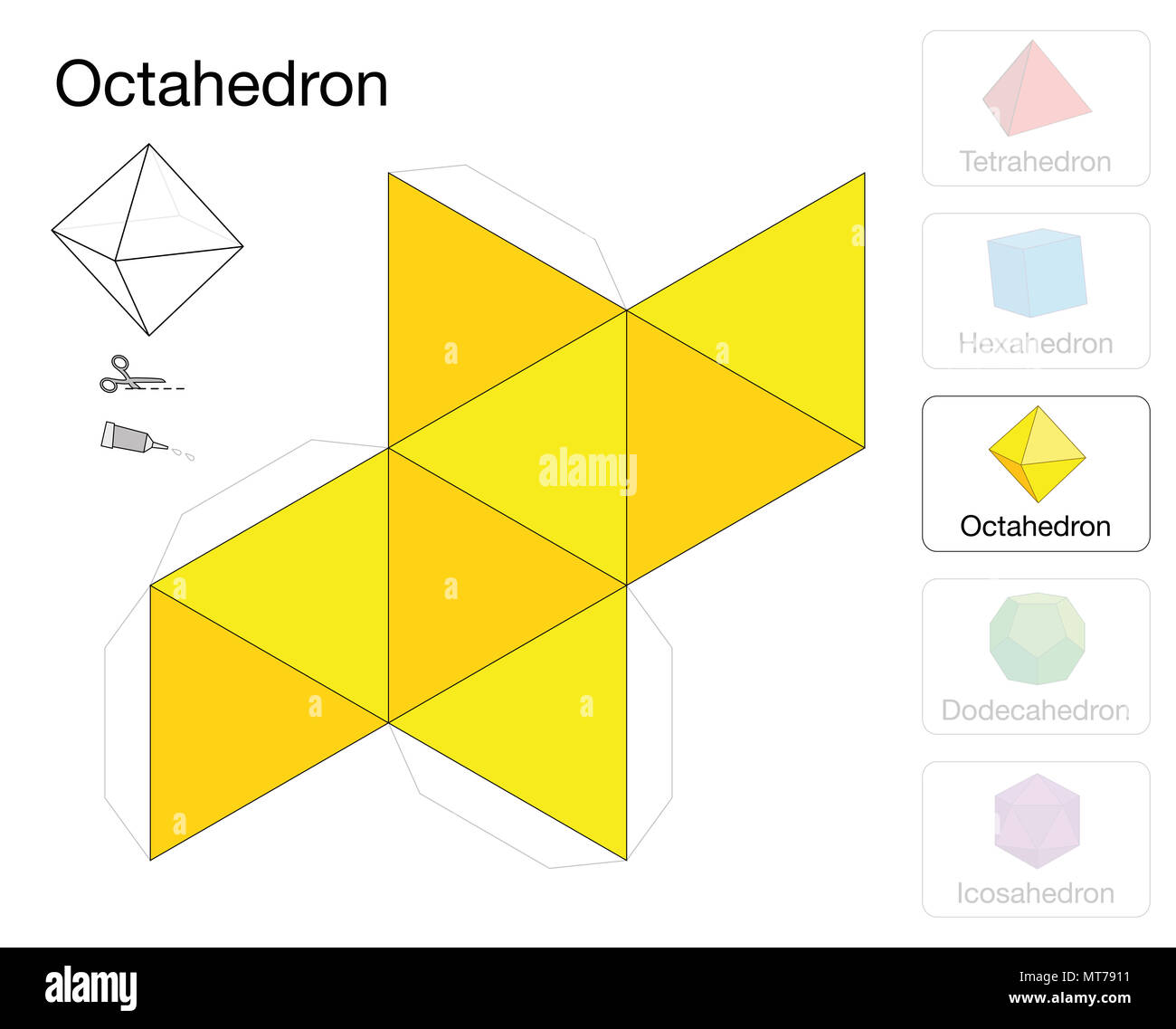 Solides platoniciens octaèdre modèle. Modèle de papier d'un octaèdre, un des cinq solides de Platon, de faire un travail d'artisanat à trois dimensions. Banque D'Images
