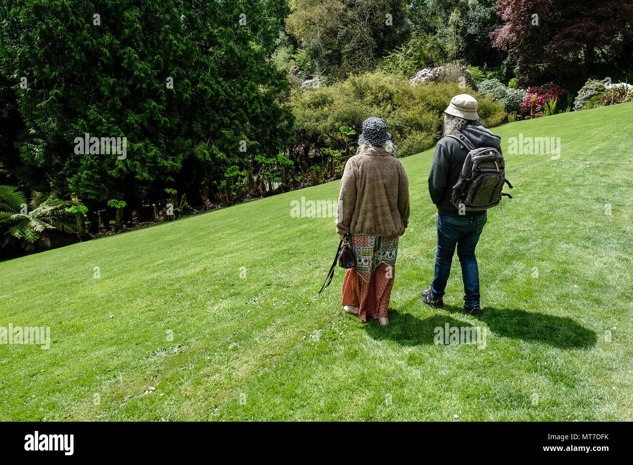 Les gens de marcher à travers une pelouse en pente à Trebah Garden à Cornwall. Banque D'Images