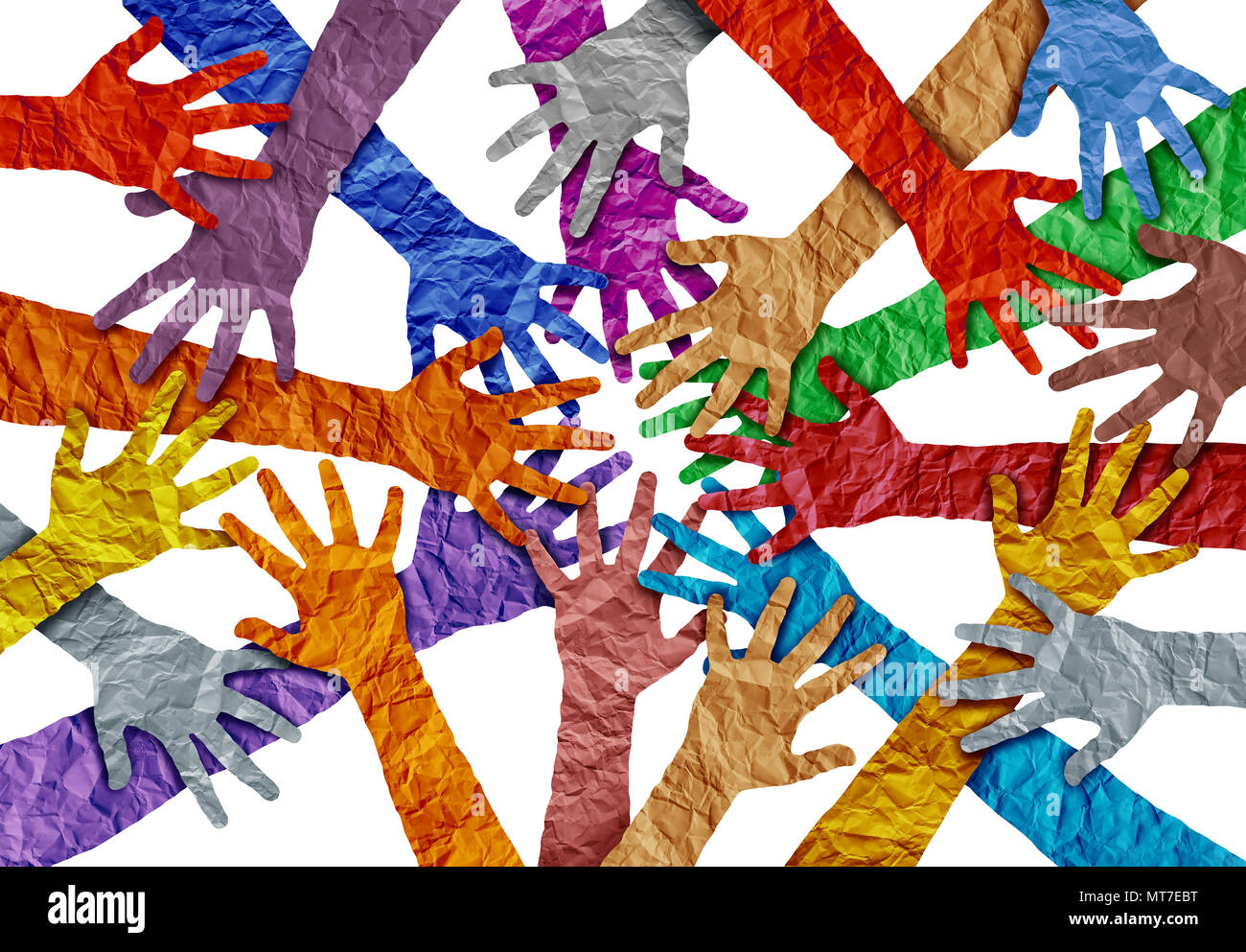 Concept de diversité et de cavage symbole de coopération aussi diverses mains tenant ensemble dans un style 3D illustration. Banque D'Images