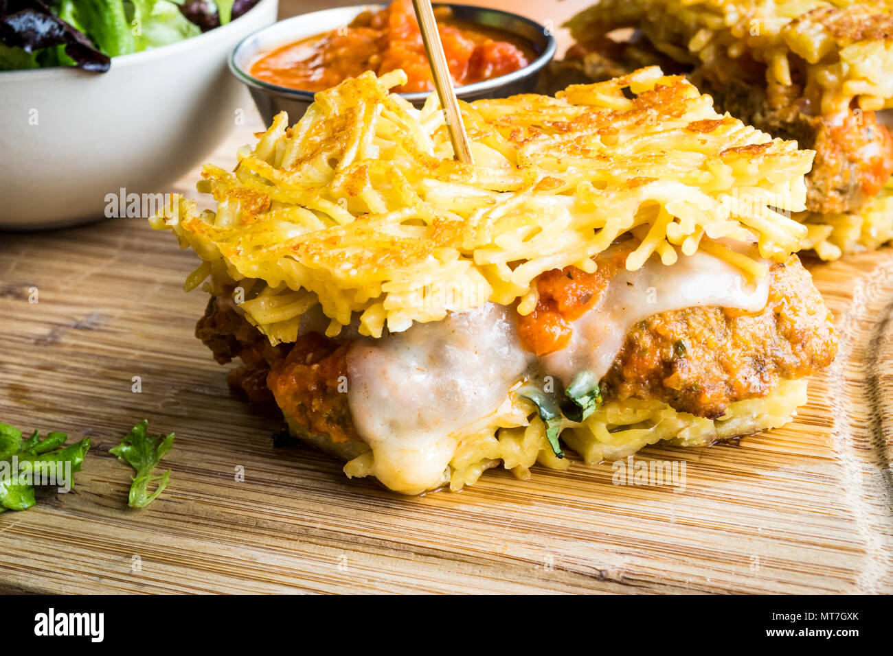 Close-up de spaghettis et meatball sandwich Banque D'Images