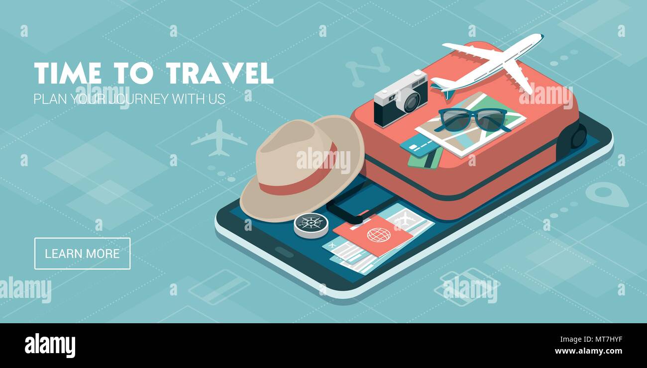 Voyage, tourisme et réservation app : billet d'équipement et une assurance sur un smartphone à écran tactile mobile Illustration de Vecteur