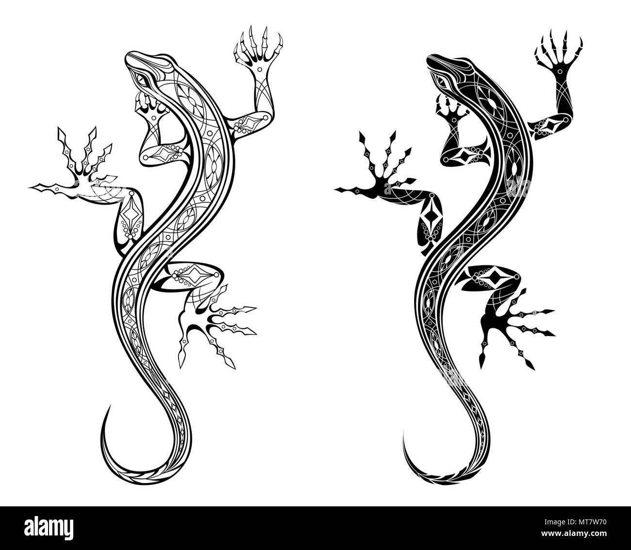 Deux artistiquement dessiné, contour, les lézards à motifs sur fond blanc. Style de tatouage. Illustration de Vecteur