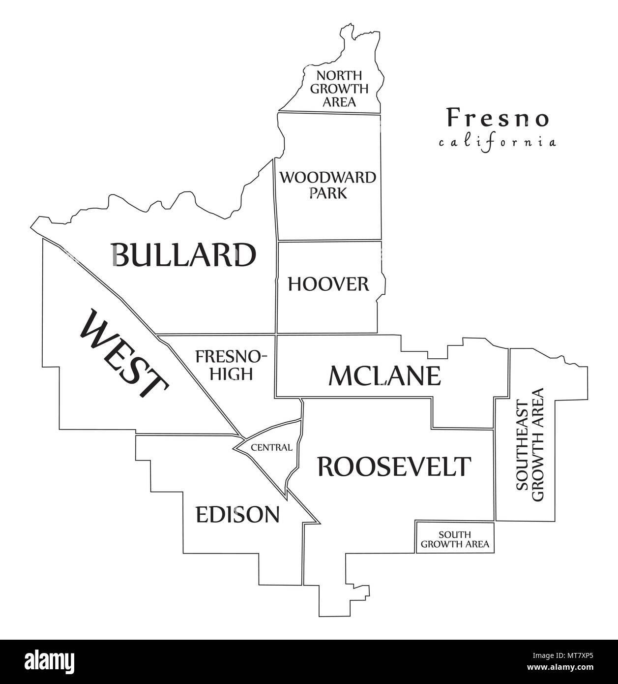 Plan de la ville moderne - Fresno Californie ville des USA par les quartiers et les titres contour plan Illustration de Vecteur
