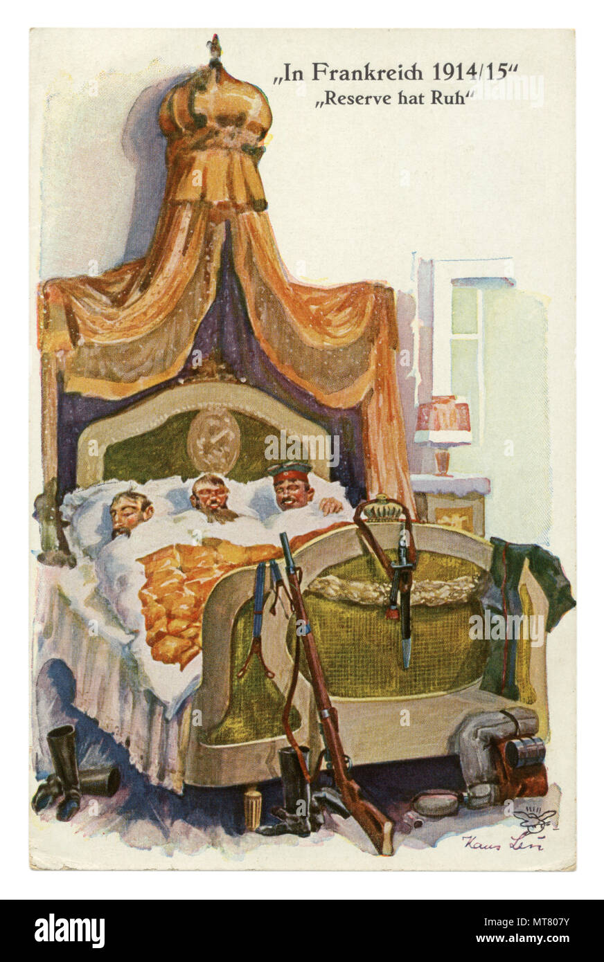 Carte postale historique allemand : en France en 1914-1915, la Réserve est au repos. Soldats dorment dans le lit du Roi dans la liste d'Palace. L'humour de la première guerre mondiale. Banque D'Images