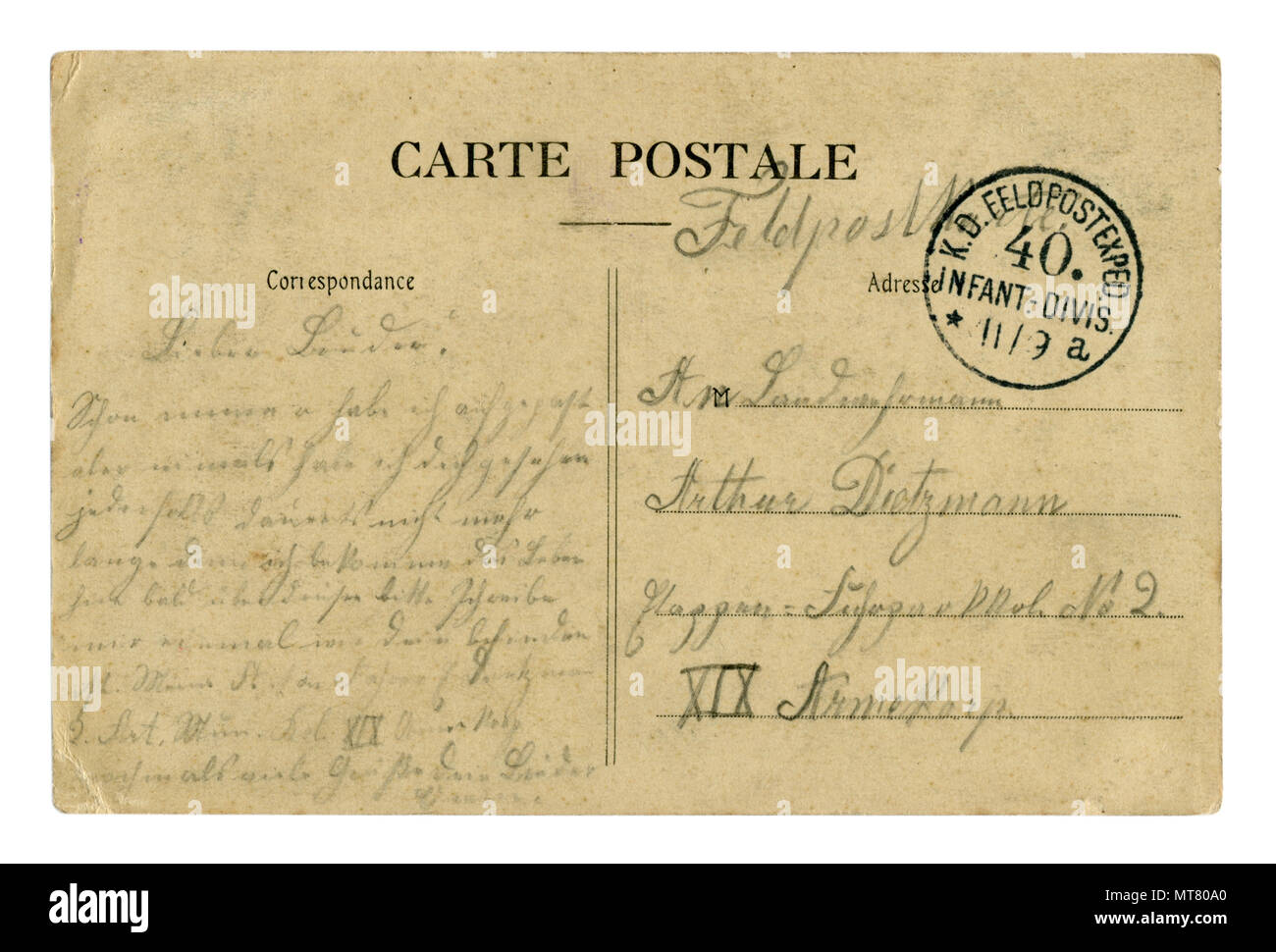 Dos de Carte postale française historique (MT809E) avec l'allemand lettre écrite au crayon, avec oblitération de courrier électronique champ stamp, la première guerre mondiale 1914-1918. Allemagne Banque D'Images