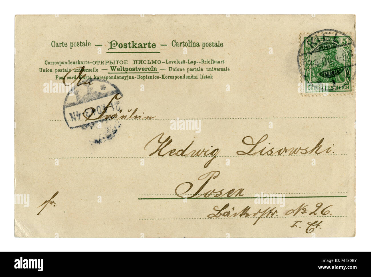 Dos de Carte postale allemande historique (MT80B7) Lettre écrite à l'encre noire, avec cachet de la quille, green Stamp, 1904, le Schleswig-Holstein, Allemagne Banque D'Images