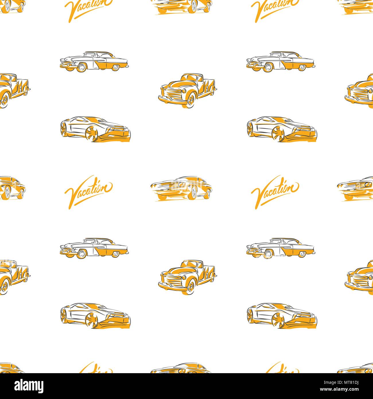 Vieilles voitures modèle homogène. Hand drawn vector illustration. Illustration de Vecteur