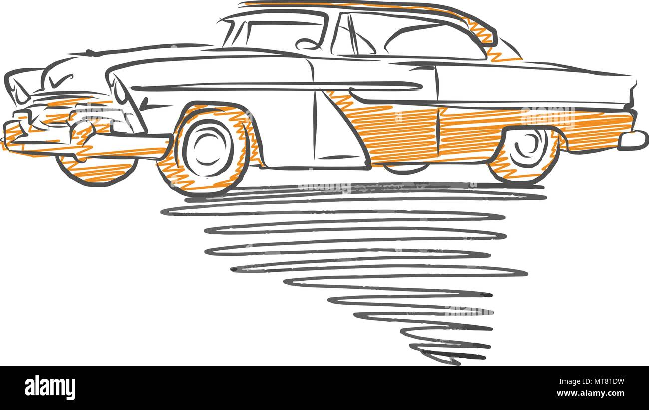 Vieille voiture américaine dessin. Hand drawn vector illustration. Illustration de Vecteur