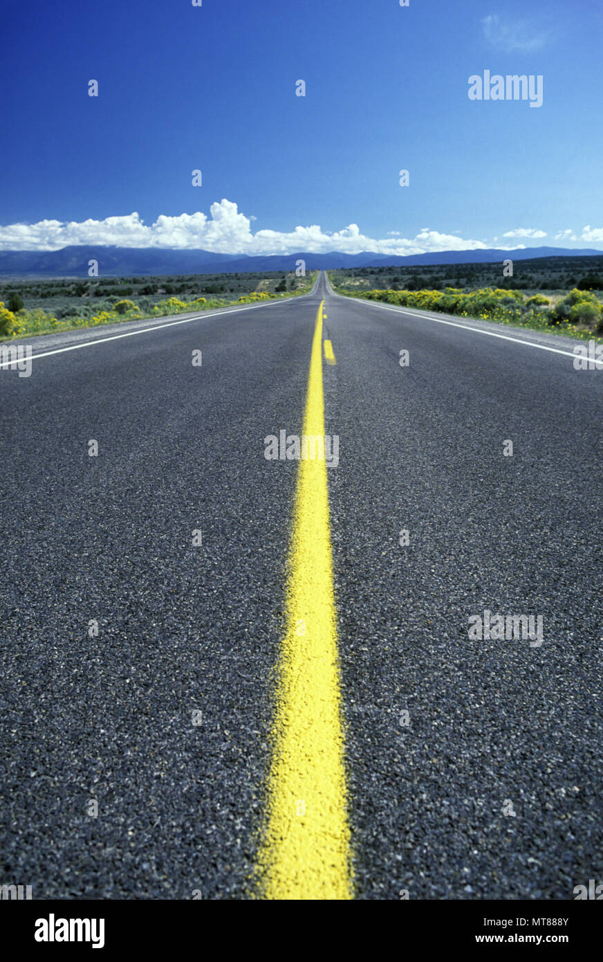 Historique 1990 CENTRE JAUNE UNIQUE LINE ROAD ROUTE 68 NOUVEAU MEXIQUE USA Banque D'Images