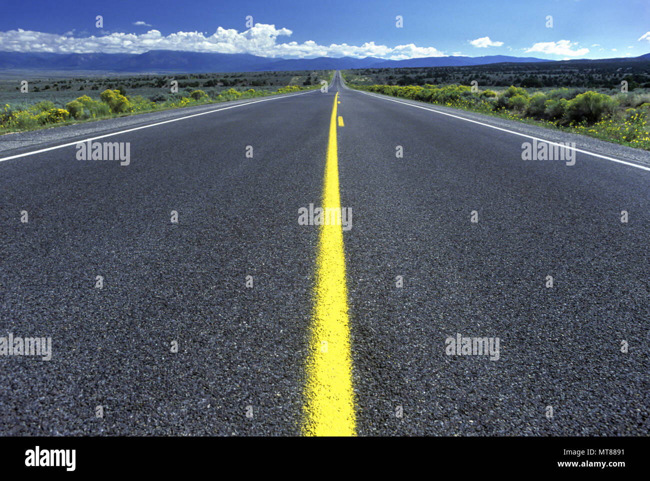 Historique 1990 CENTRE JAUNE UNIQUE LINE ROAD ROUTE 68 NOUVEAU MEXIQUE USA Banque D'Images