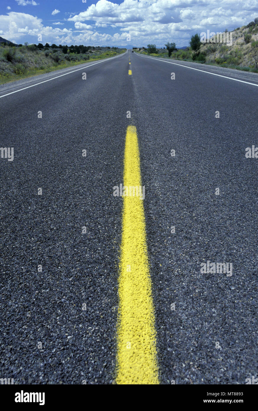 Historique 1990 CENTRE JAUNE UNIQUE LINE ROAD ROUTE 68 NOUVEAU MEXIQUE USA Banque D'Images