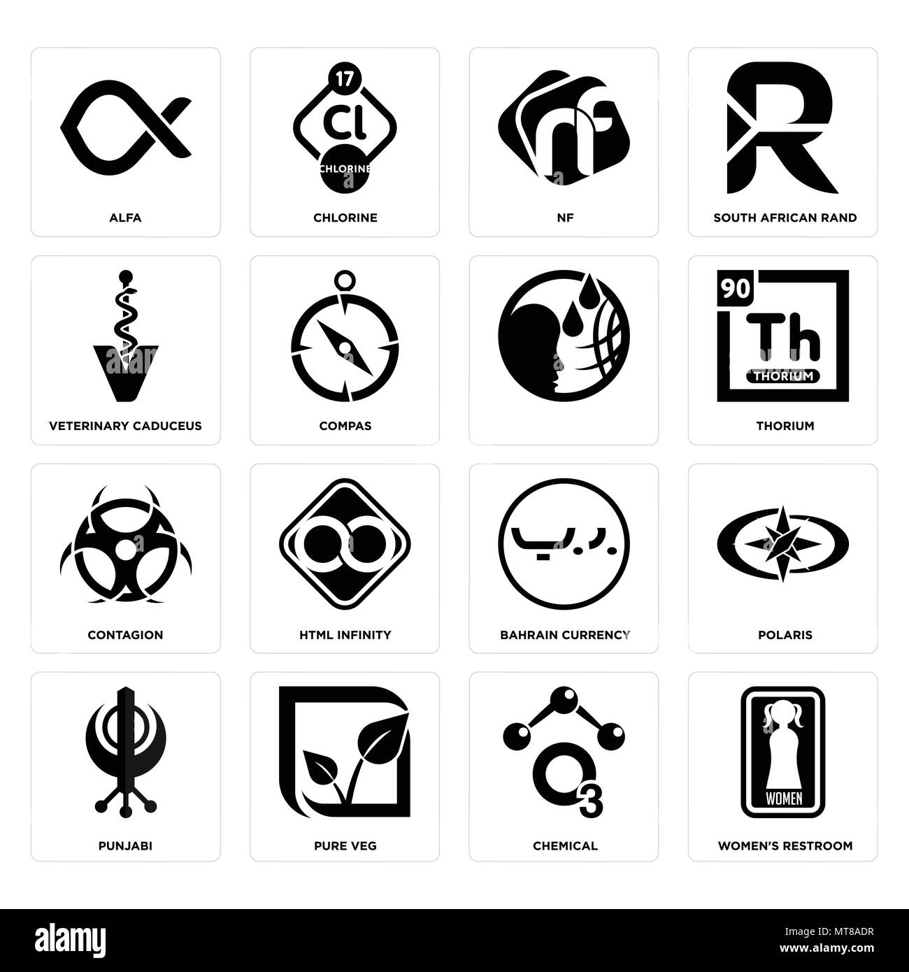 Ensemble de 16 icônes modifiable simple comme women's restroom, chimiques, d'huiles végétales pures, le punjabi, polaris, alfa, caducée vétérinaire, contagion, peut être utilisé pour Illustration de Vecteur