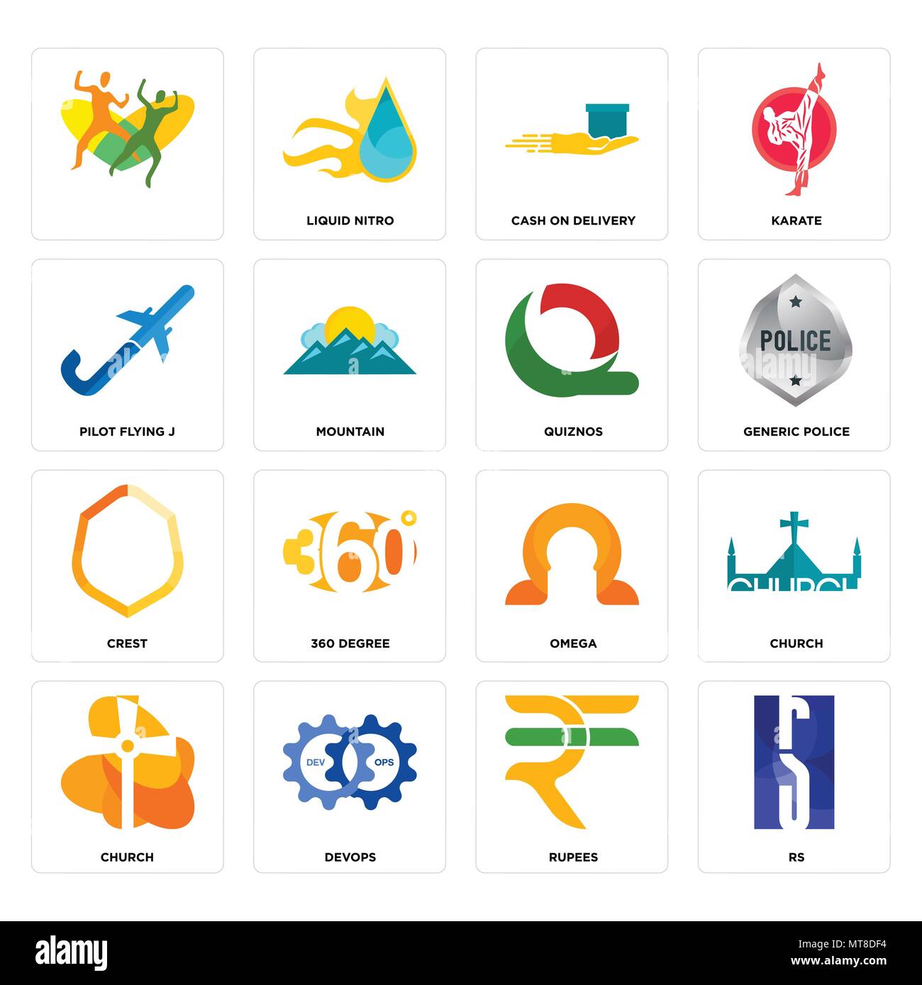 Ensemble de 16 icônes modifiable simple telles que rs, roupies, devops, église, pilote , flying j, écusson, quiznos peut être utilisé pour le mobile, l'interface utilisateur web Illustration de Vecteur