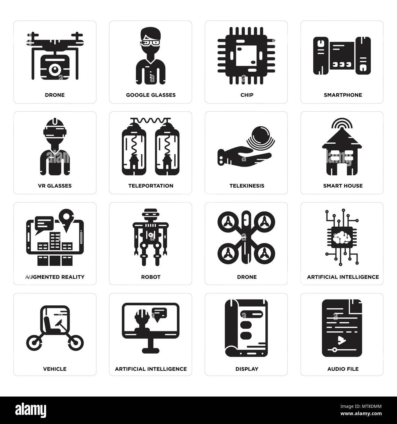 Ensemble de 16 icônes modifiable simple comme fichier audio, l'affichage, l'intelligence artificielle, Véhicule, drone, lunettes Vr, réalité augmentée, la télékinésie peut b Illustration de Vecteur