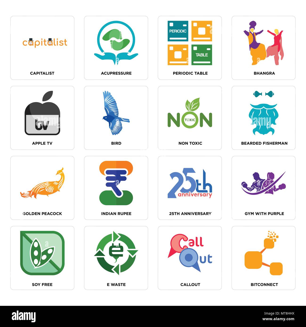 Ensemble de 16 icônes modifiable simple comme bitconnect, légende, e, déchets de soja, de sport avec purple, capitalistes, apple tv, golden Peacock, non toxique peut b Illustration de Vecteur