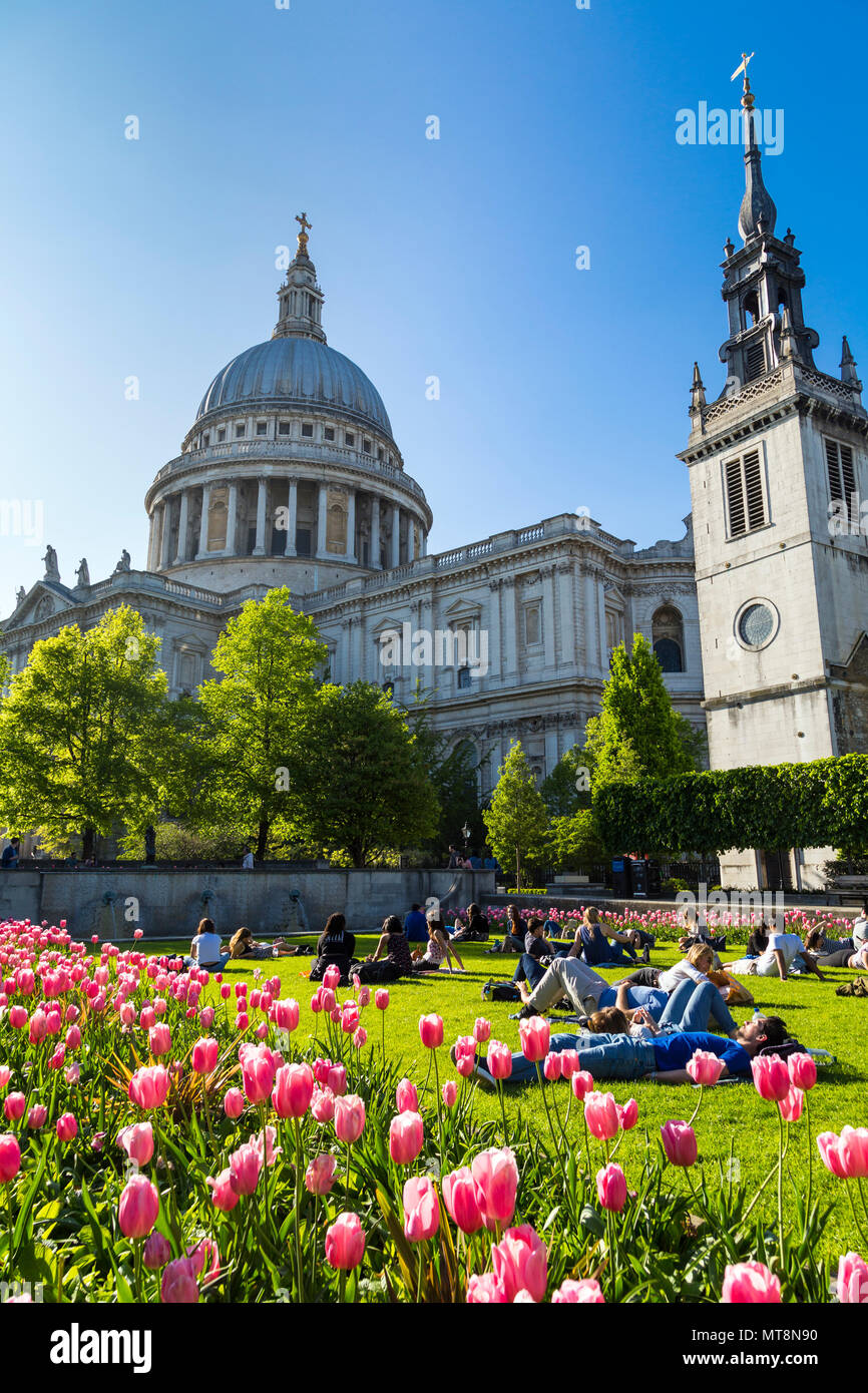 Les gens se détendre au soleil dans les jardins du Festival par la Cathédrale St Paul, London, UK Banque D'Images