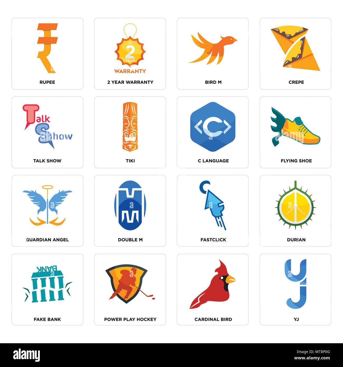 Ensemble de 16 icônes modifiable simple comme 958, le cardinal oiseau, pouvoir jouer au hockey, fake bank, durian, roupie, talk show, ange gardien, c langue peut être u Illustration de Vecteur