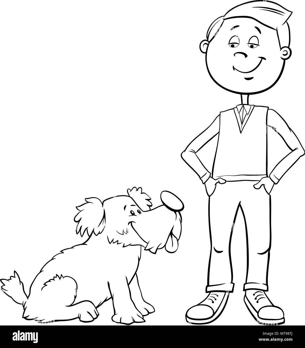 Illustration Cartoon noir et blanc de Kid Garçon avec mignon chien ou chiot Coloring Book Illustration de Vecteur