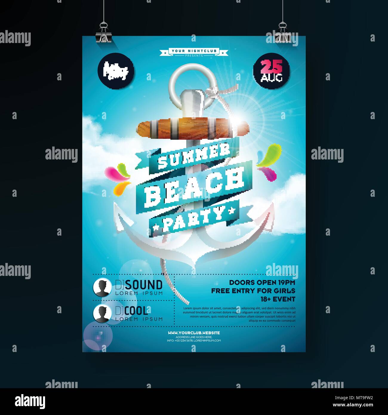 Beach Party d'été vecteur Flyer Design avec ancre et ruban sur fond de ciel bleu nuageux. Modèle de conception de bannière, flyer, invitation, de l'affiche. Illustration de Vecteur