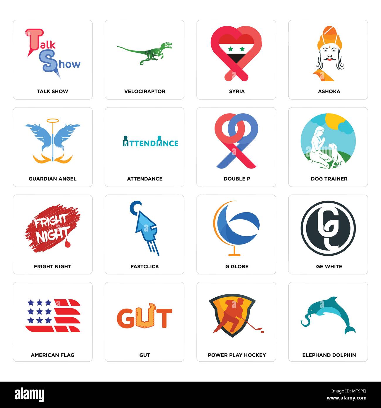 Ensemble de 16 icônes modifiable simple comme elephand dolphin, pouvoir jouer au hockey, l'intestin, drapeau américain, ge blanc, talk show, ange gardien, fright night, do Illustration de Vecteur