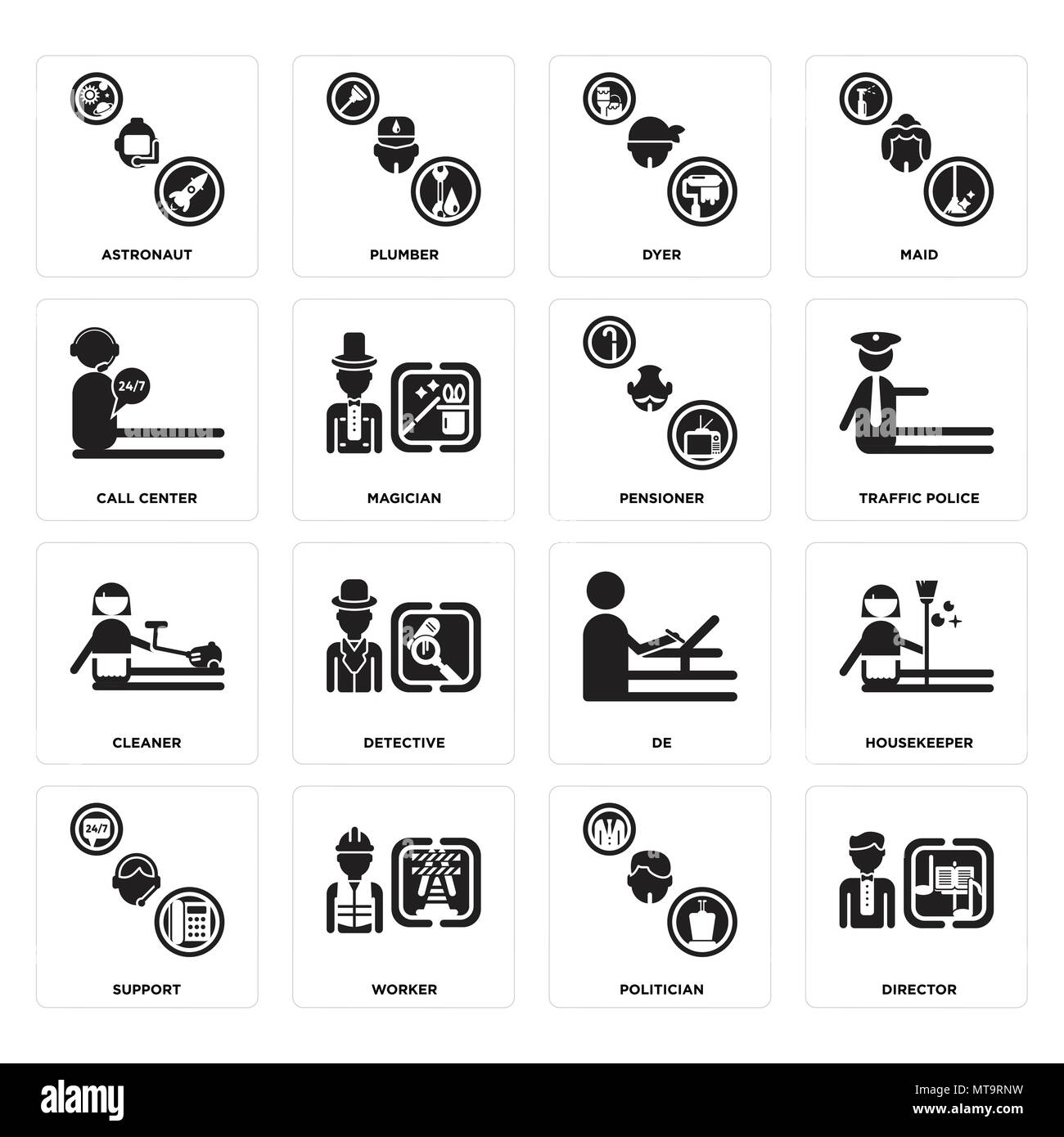 Ensemble de 16 icônes modifiable simple comme directeur, homme politique, travailleur, support, aide ménagère, astronaute, centre d'appels, plus propre, le pensionné peut être utilisé pour Illustration de Vecteur