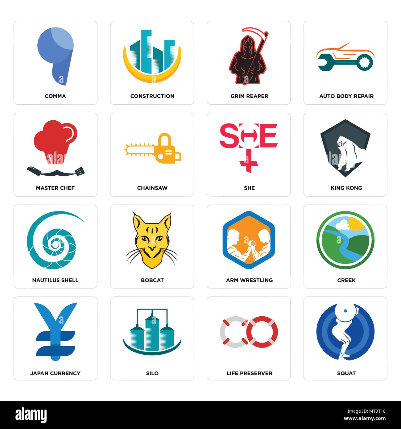 Ensemble de 16 icônes modifiable simple comme l'accroupissement, conservateur de vie, silo, le Japon monnaie, creek, virgule, master chef, nautilus shell, elle peut être utilisée pour le mo Illustration de Vecteur