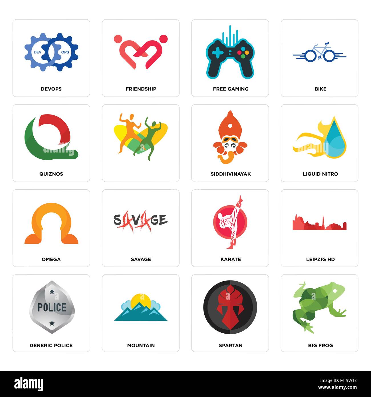 Ensemble de 16 icônes modifiable simple comme big frog, Spartan, montagne, Leipzig, police générique hd, devops, quiznos, omega, siddhivinayak peut être utilisé pour Illustration de Vecteur