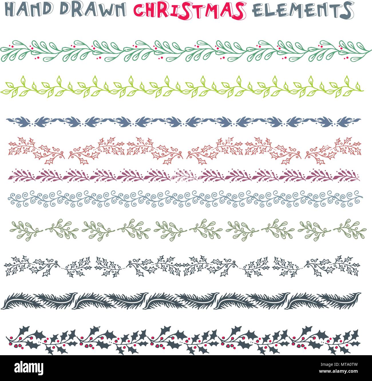 Ensemble de faits à la main des couronnes, des rubans colorés, laurel sur fond blanc. Éléments de conception de Noël Illustration de Vecteur