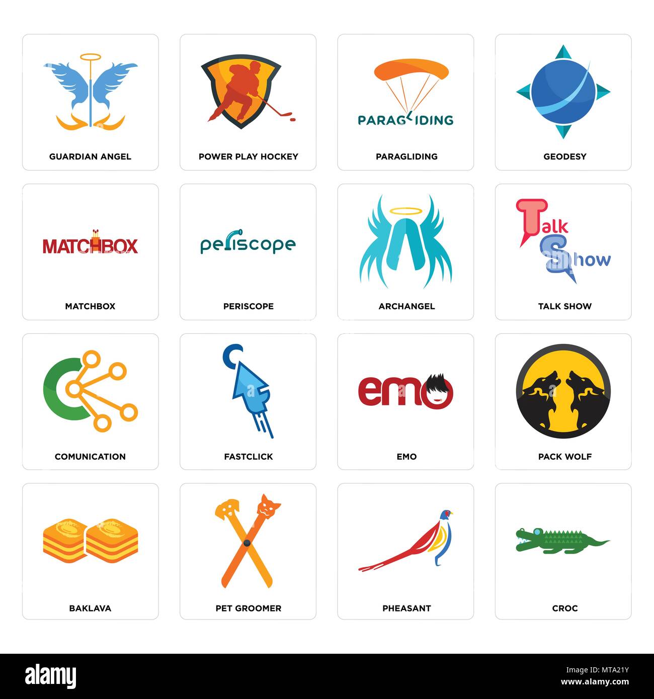Ensemble de 16 icônes modifiable simple comme croc, faisan, toiletteur pour animaux, baklava, Wolf Pack, ange gardien, d'allumettes, la communication, l'archange peut être utilisé Illustration de Vecteur