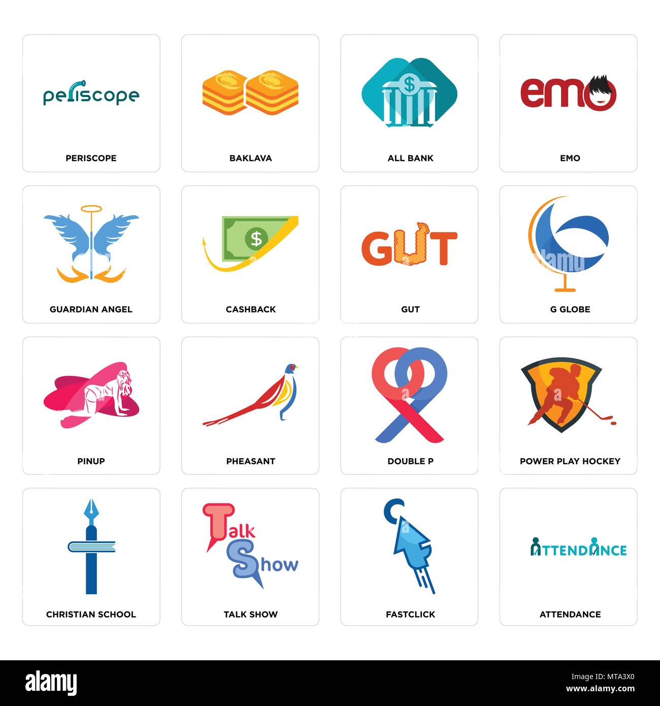 Ensemble de 16 icônes modifiable simple comme la participation, fastclick, talk show, Christian School, pouvoir jouer au hockey, periscope, ange gardien, pinup, gut c Illustration de Vecteur